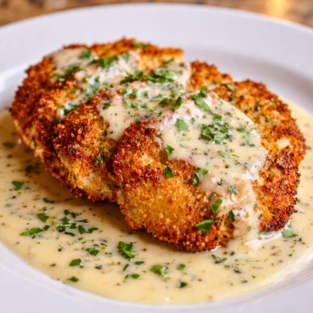 Parmesan crusted chicken with creamy garlic sauce