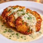 Parmesan crusted chicken with creamy garlic sauce