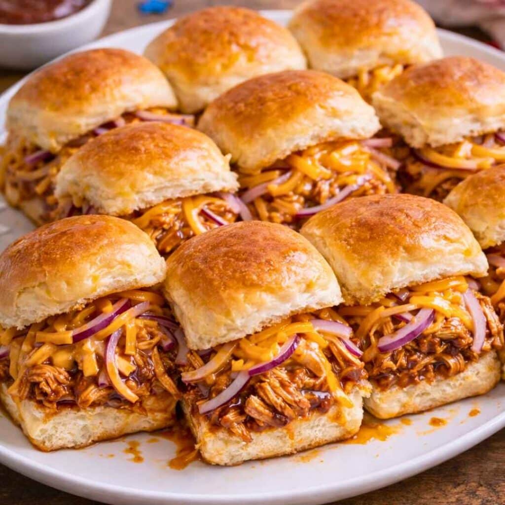 BBQ Chicken Sliders with melted cheese and shredded chicken