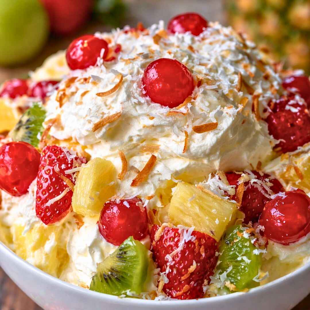 Hawaiian Cheesecake Salad in a bowl with strawberries, pineapple, kiwi, raspberries, whipped cream cheese mixture, toasted coconut, and cherries