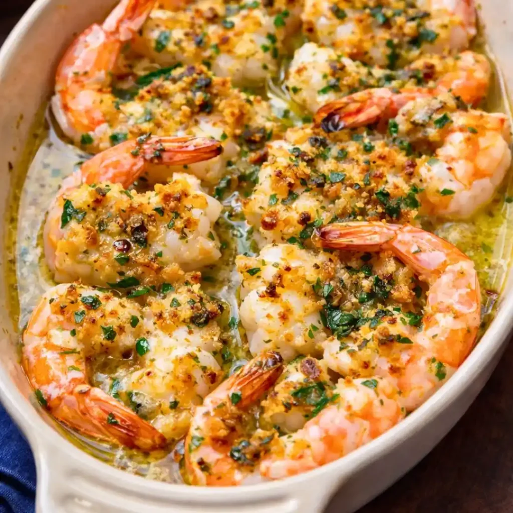 baked shrimp oreganata with garlic butter sauce and crispy breadcrumbs in a baking dish