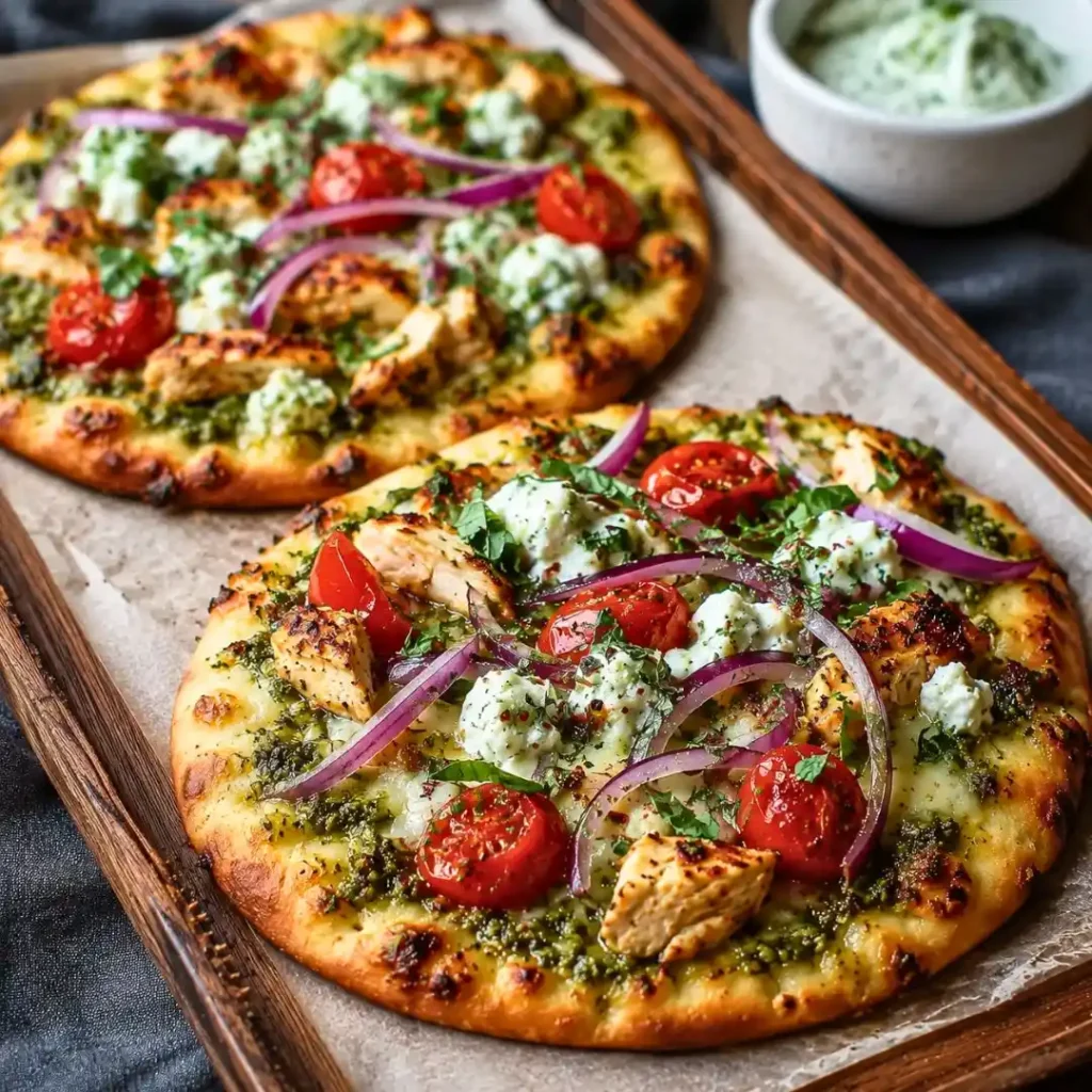 Pesto Chicken Flatbread with Mozzarella