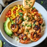 Grilled Shrimp Bowl with Avocado, Corn Salsa & Creamy Sauce