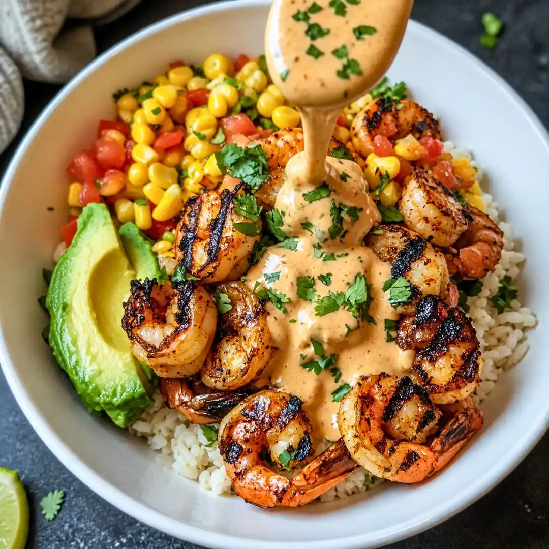 Grilled Shrimp Bowl with Avocado, Corn Salsa & Creamy Sauce
