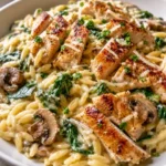 One-Pan Creamy Spinach Mushroom Orzo with Chicken