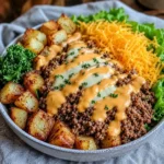 Smash Burger Bowl with crispy potatoes and zesty toppings