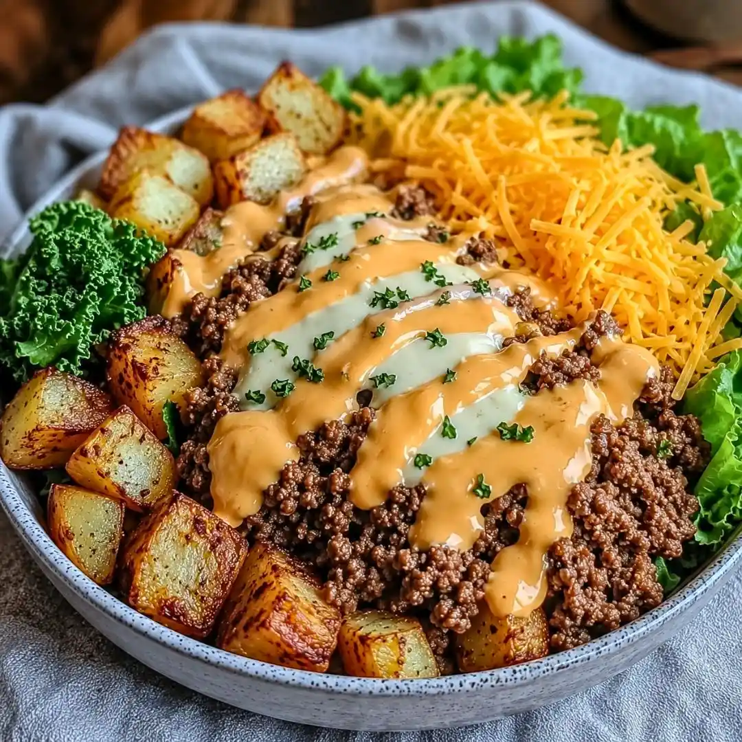 Smash Burger Bowl with crispy potatoes and zesty toppings 5 Smash Burger Bowl with crispy potatoes and zesty toppings