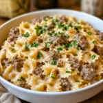 Beef and Bowtie Pasta with Alfredo Sauce