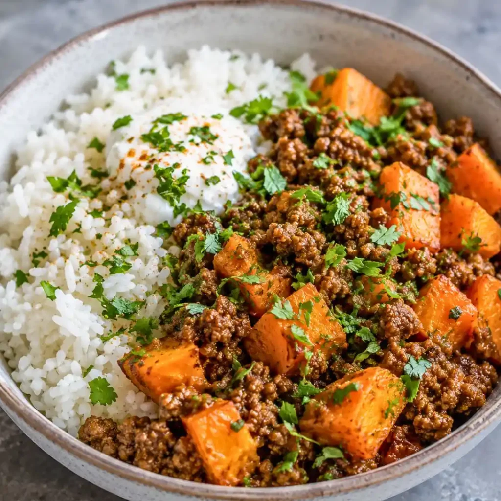 Sweet Potato Ground Beef Bowl with Rice & Hamburger