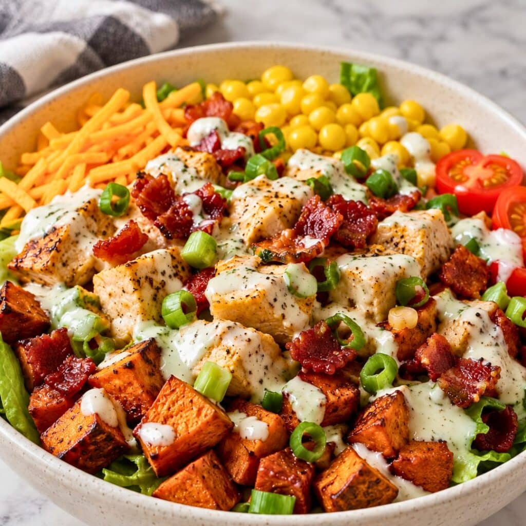 high protein Chicken Bacon Ranch Sweet Potato Bowl
