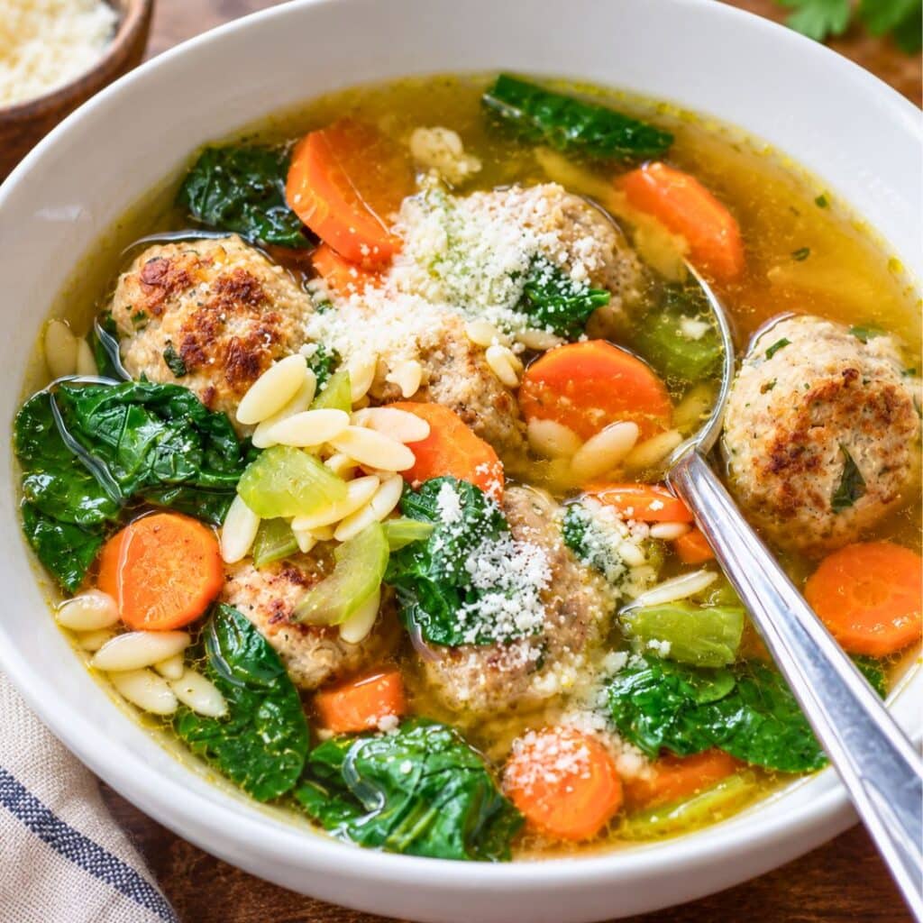 Healthy Turkey Meatball Soup with Spinach and Orzo